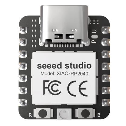 Angled view of XIAO RP2040 microcontroller pins and USB-C port