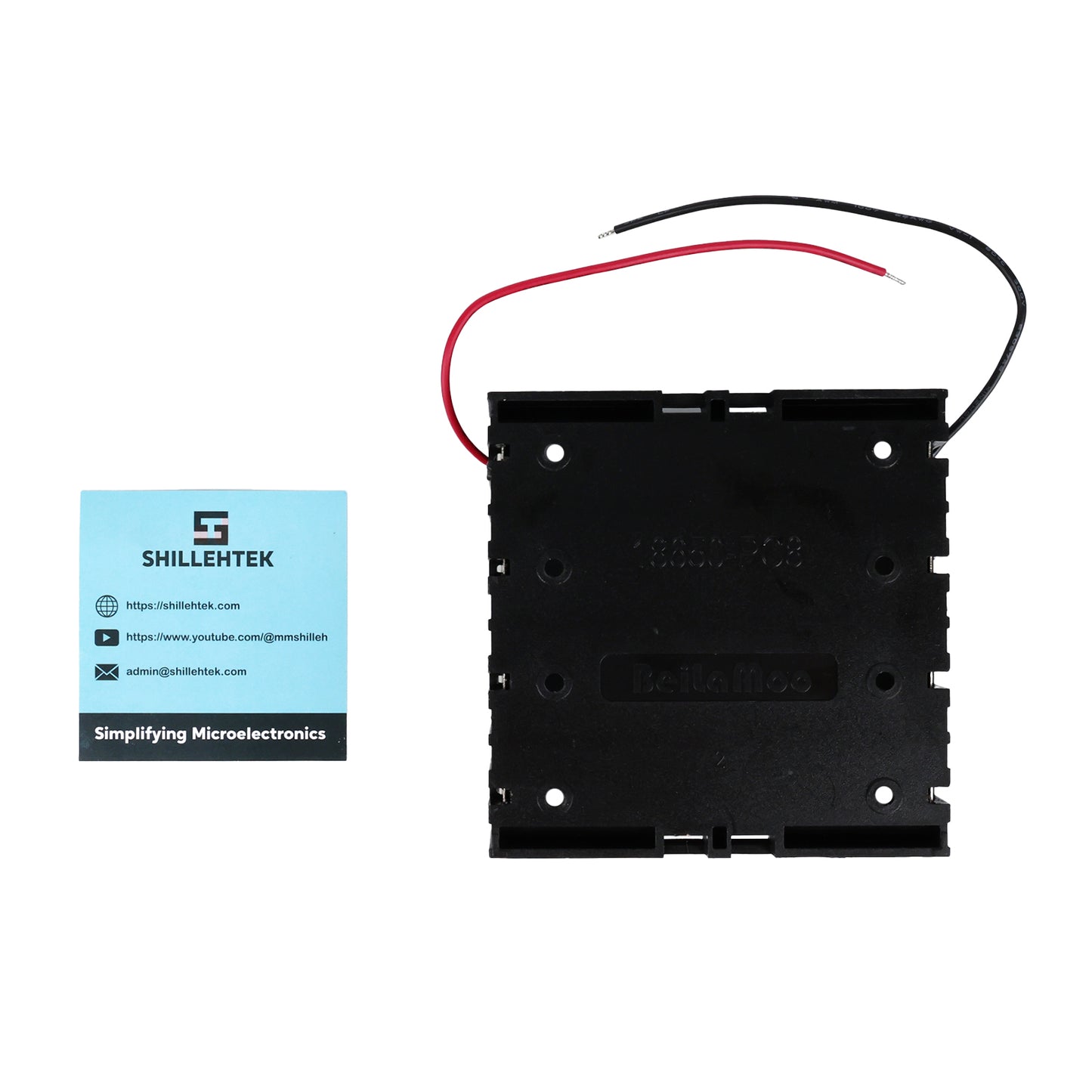 Black 4 x 18650 battery holder box with red and black wires without cover shown from back