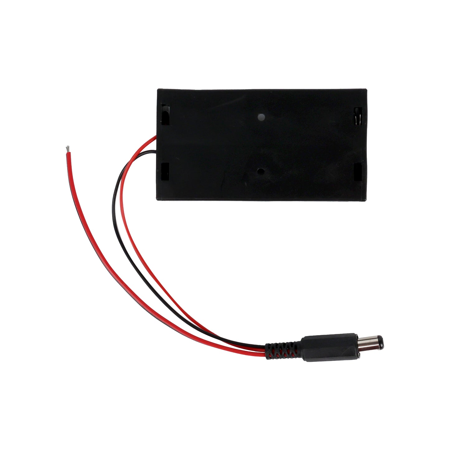 Bottom view of 2 x 18650 battery holder box with red and black wires and DC power plug