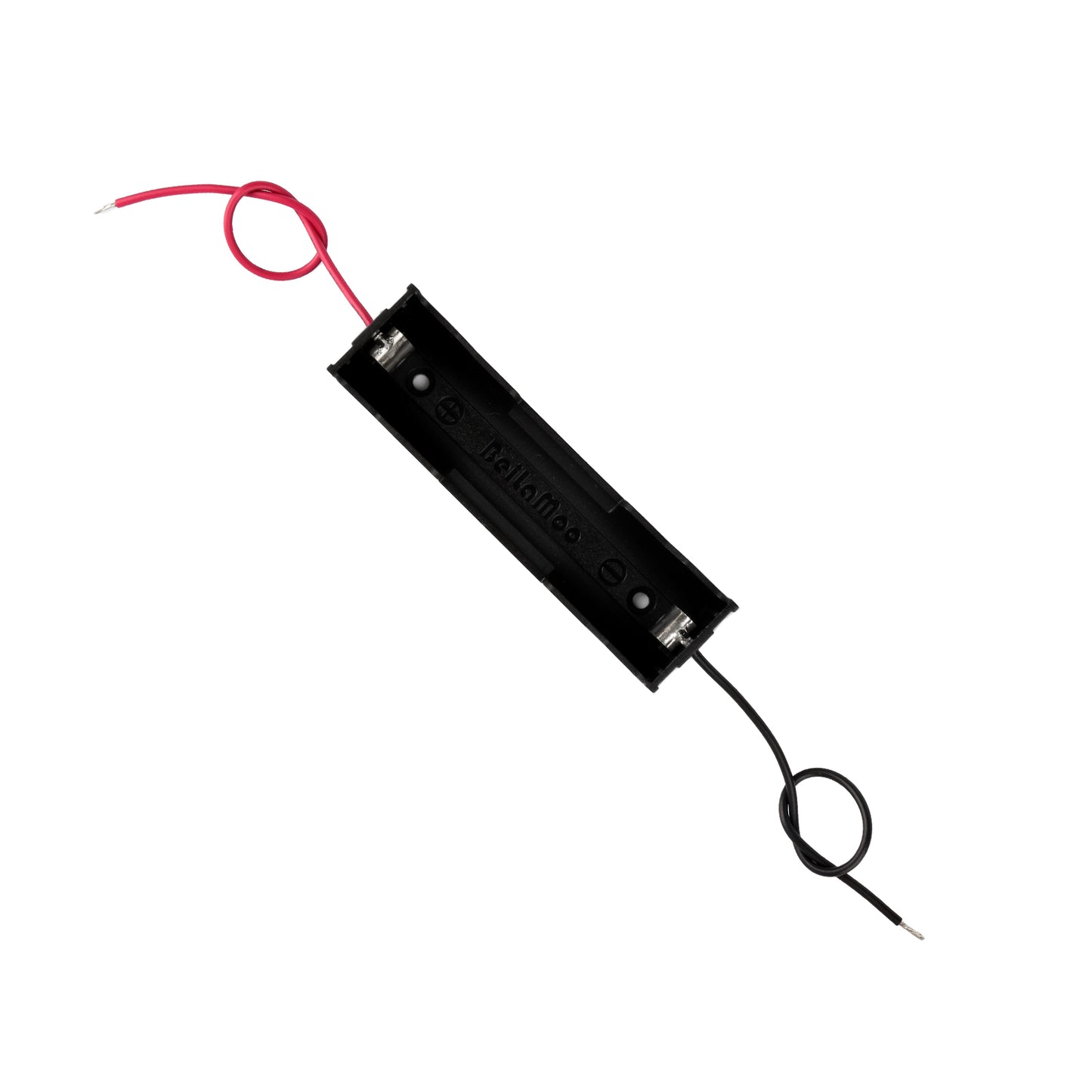 Black 18650 battery holder box without cover with red and black wires attached