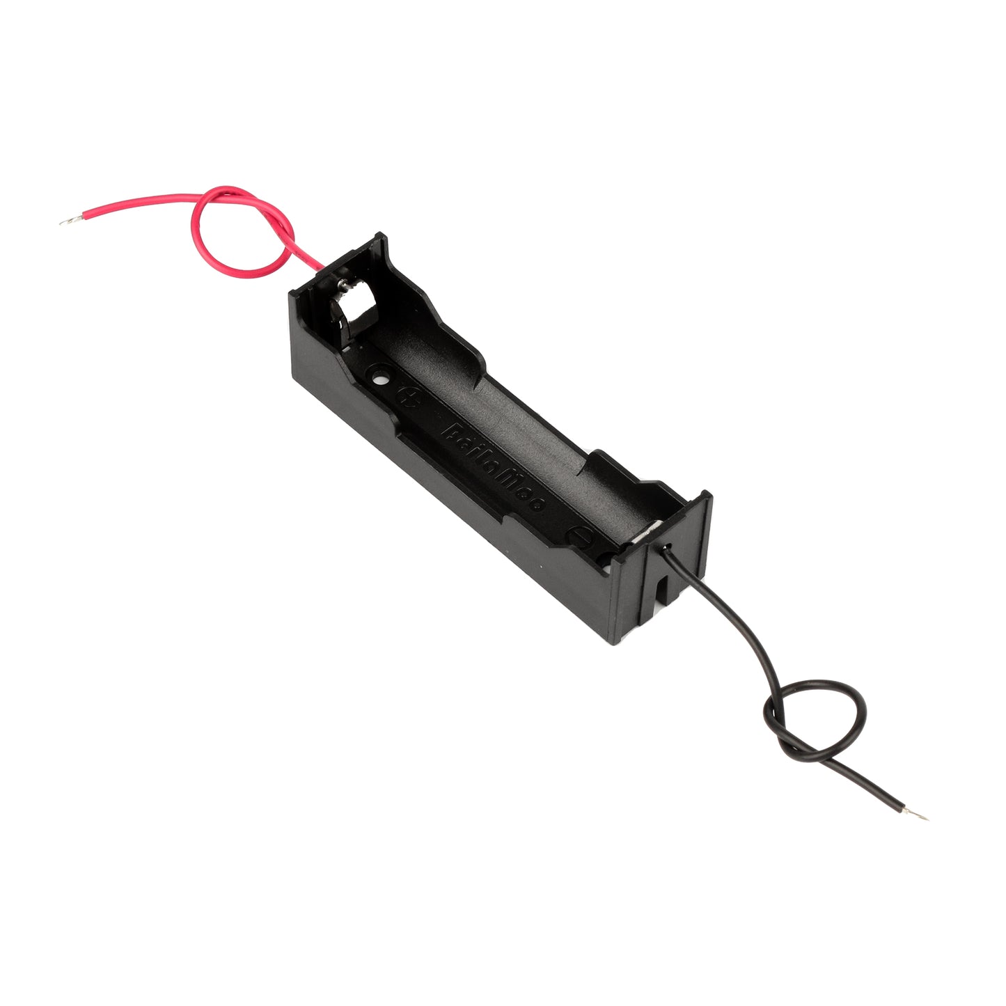 Black 18650 battery holder box with red and black wires, no cover, for single battery