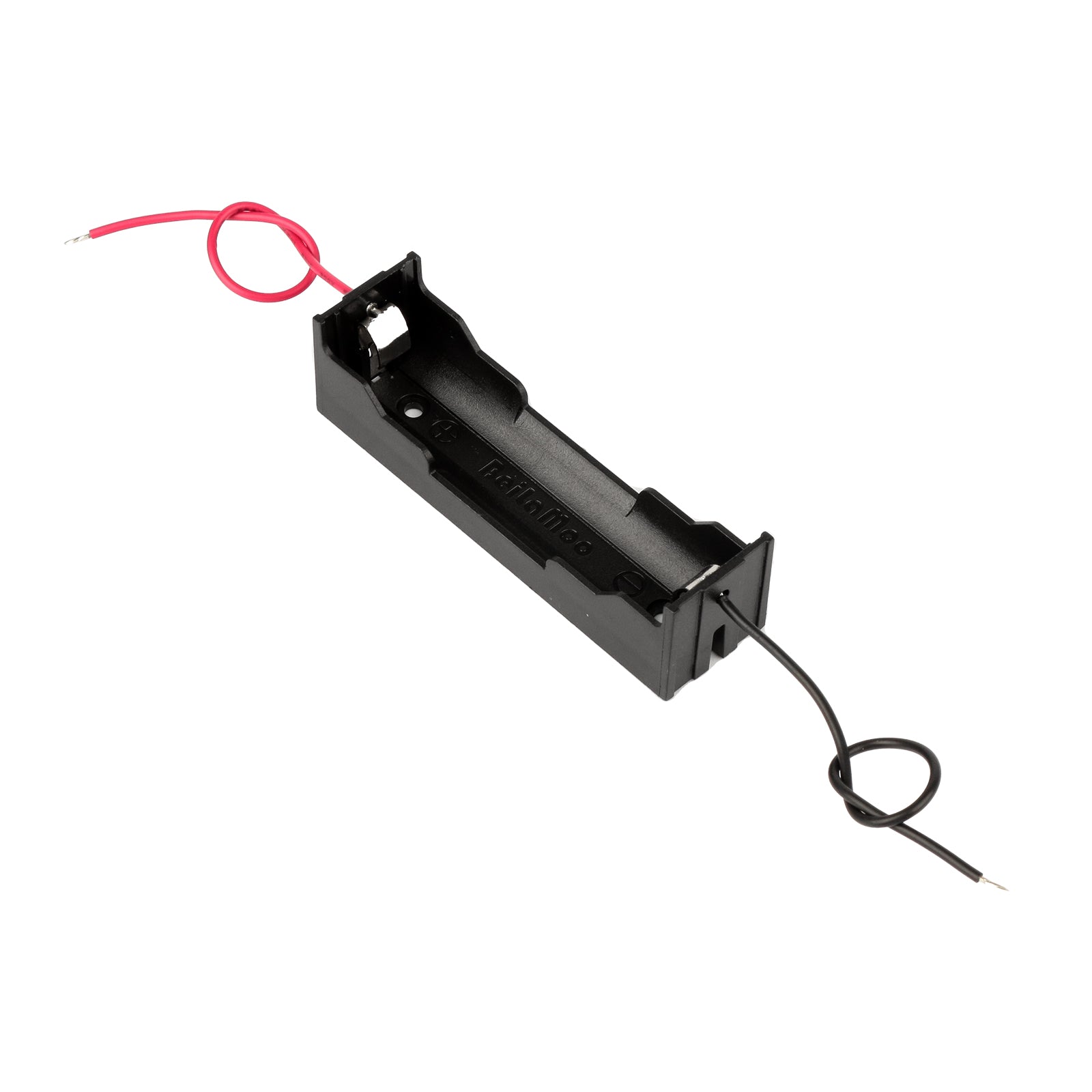 Black 18650 battery holder box with red and black wires, no cover, for single battery