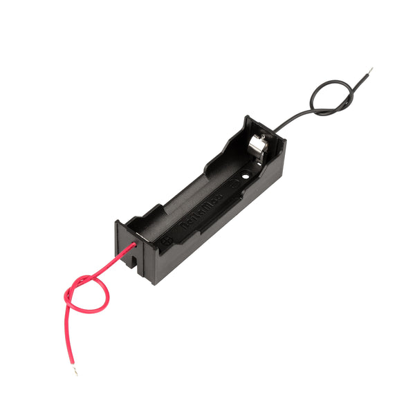 Black 18650 battery holder box with red and black wires, no cover, for single battery
