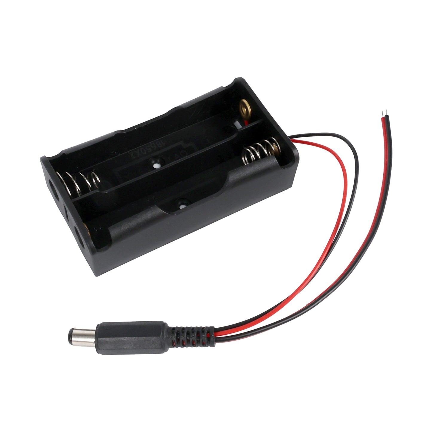 Black 2 x 18650 battery holder box with red and black wires and DC power connector, no cover