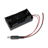 Black 2 x 18650 battery holder box with red and black wires and DC power connector, no cover