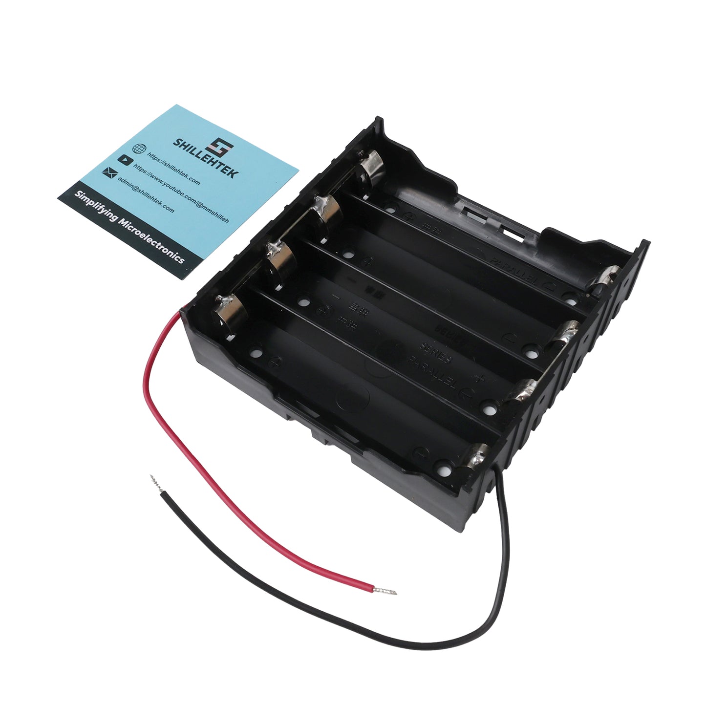 4 slot 18650 battery holder box with red and black wires and no cover for electronics projects