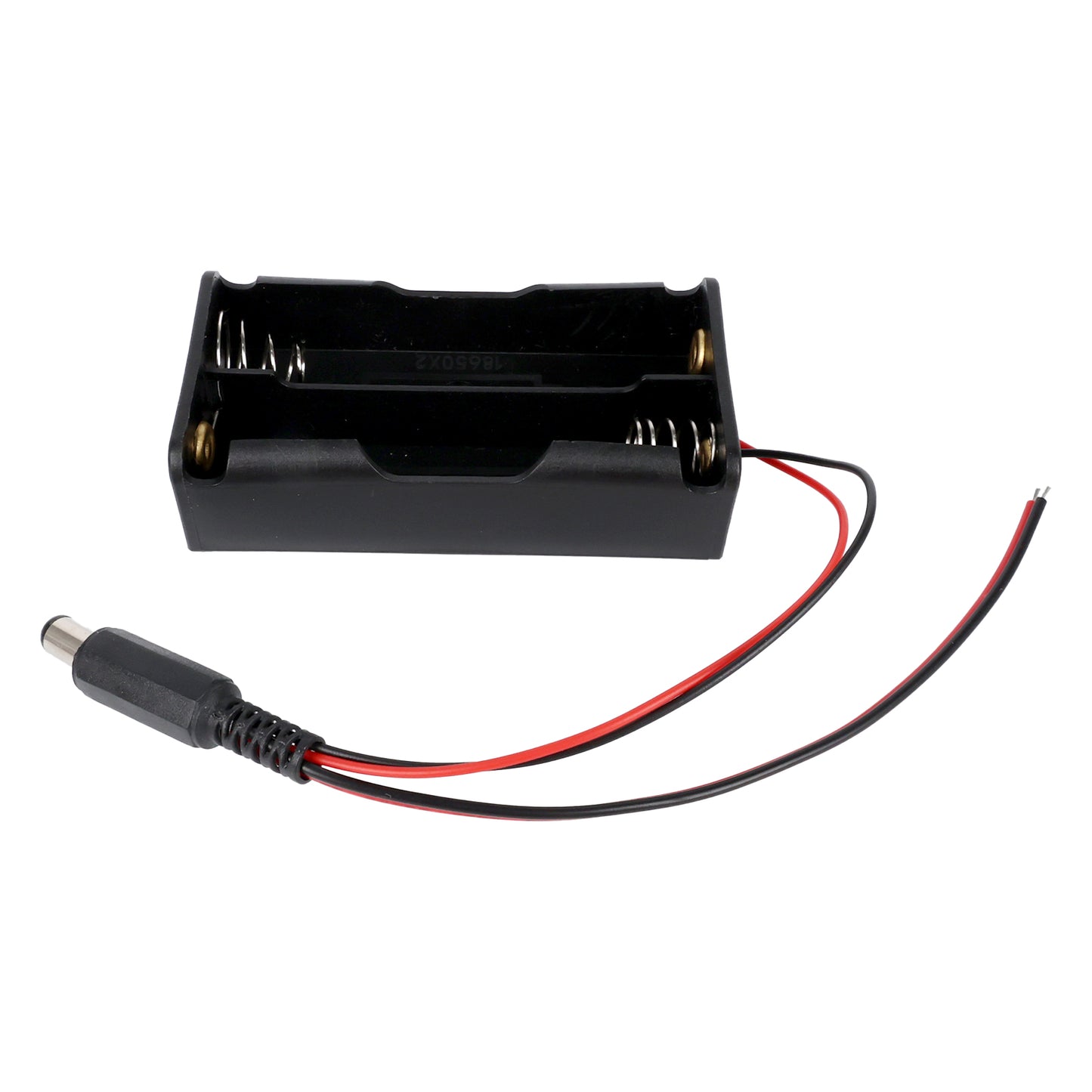2 x 18650 battery holder box with red and black wires and DC power plug connector