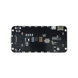 Back side of 2x18650 lithium battery shield V8 with USB ports and electronic components for ESP32 and Arduino