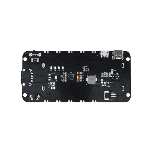 Back side of 2x18650 lithium battery shield V8 with USB ports and electronic components for ESP32 and Arduino