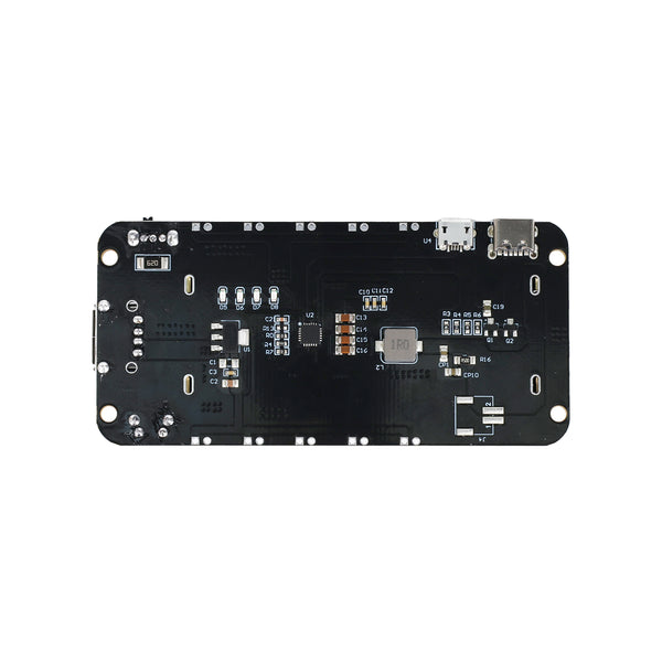 Back side of 2x18650 lithium battery shield V8 with USB ports and electronic components for ESP32 and Arduino