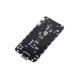 Back side of 2x18650 lithium battery shield V8 with USB ports and electronic components for ESP32 and Arduino