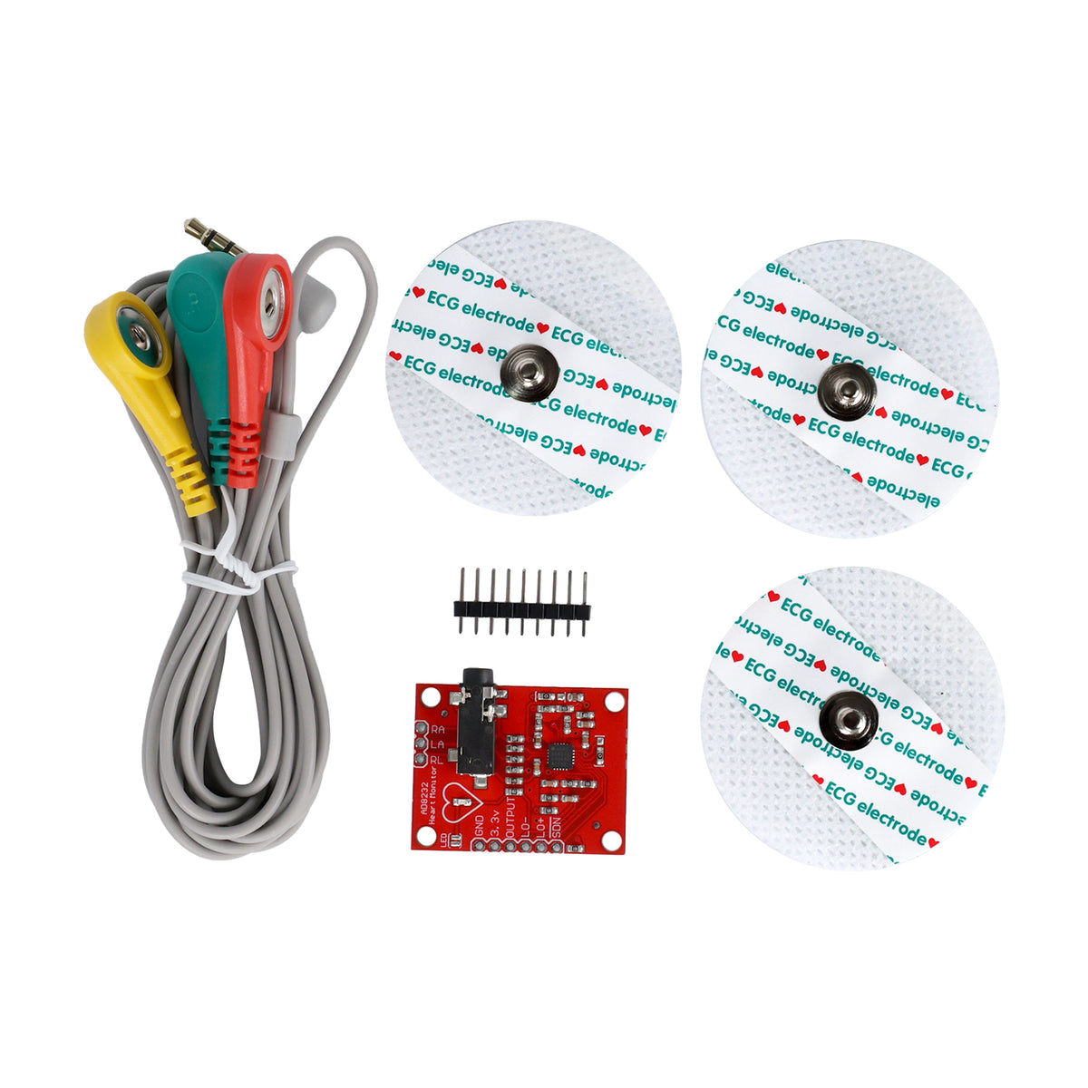 ShillehTek AD8232 ECG Module kit with colored electrode cables and adhesive pads