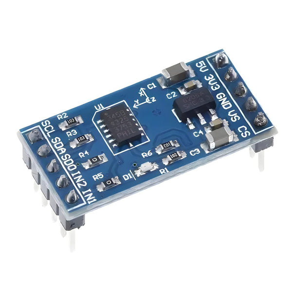 Close-up top angle of blue ShillehTek ADXL345 3-Axis accelerometer sensor board