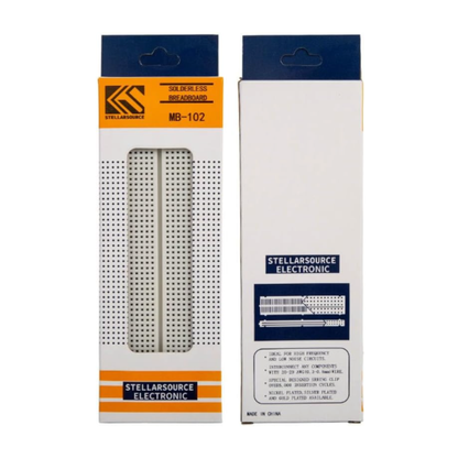 Front view of solderless breadboard packaging with StellarSource branding