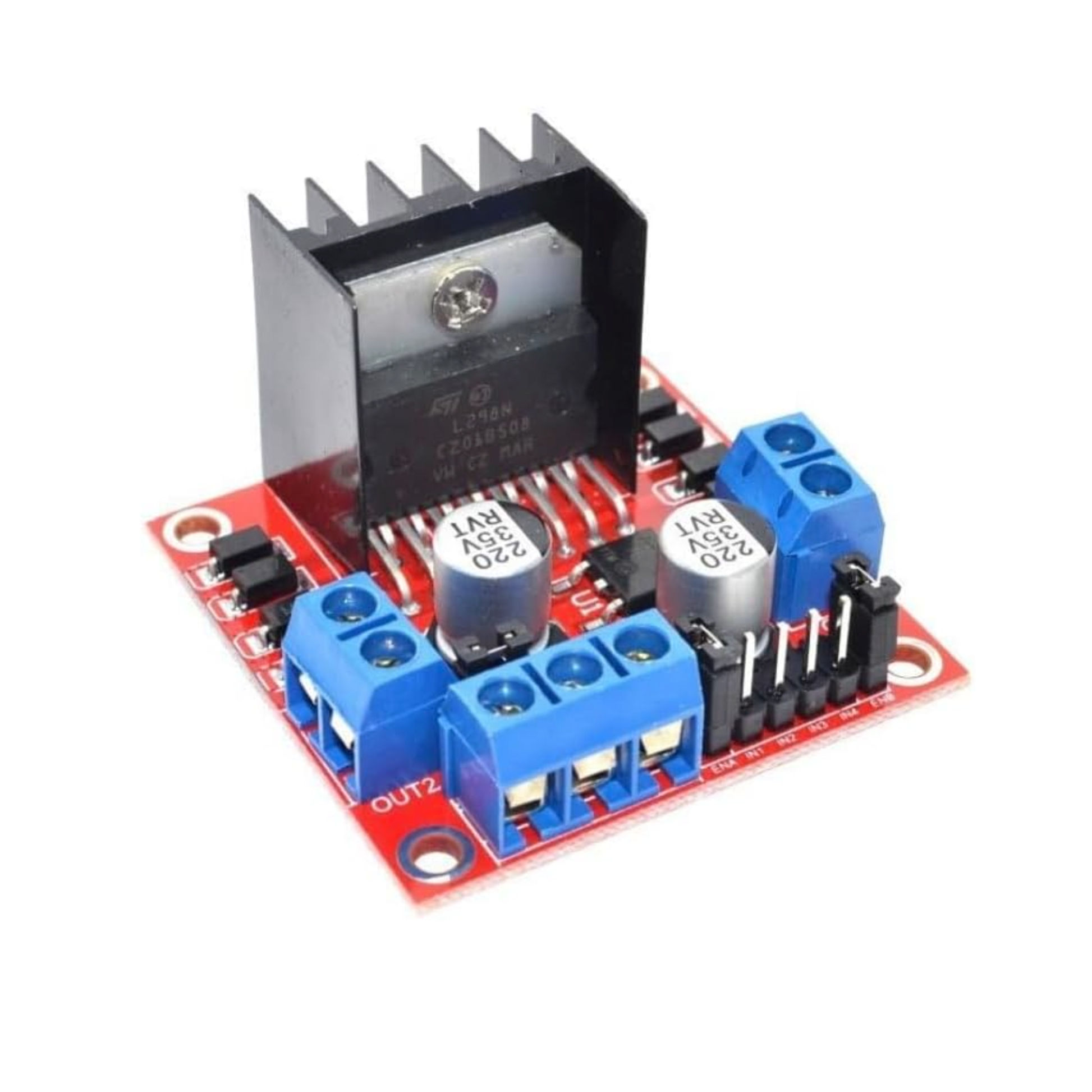 Close-up of ShillehTek L298N Motor Driver Board with heat sink and blue connectors