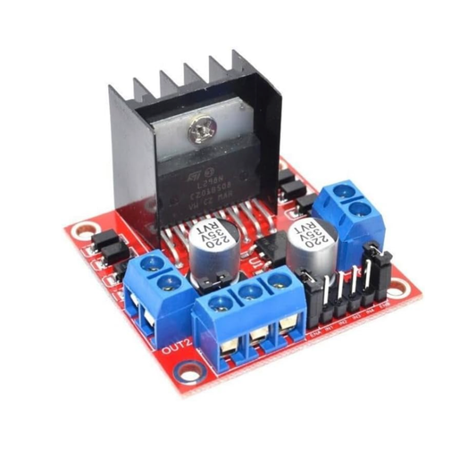 Close-up of ShillehTek L298N Motor Driver Board with heat sink and blue connectors