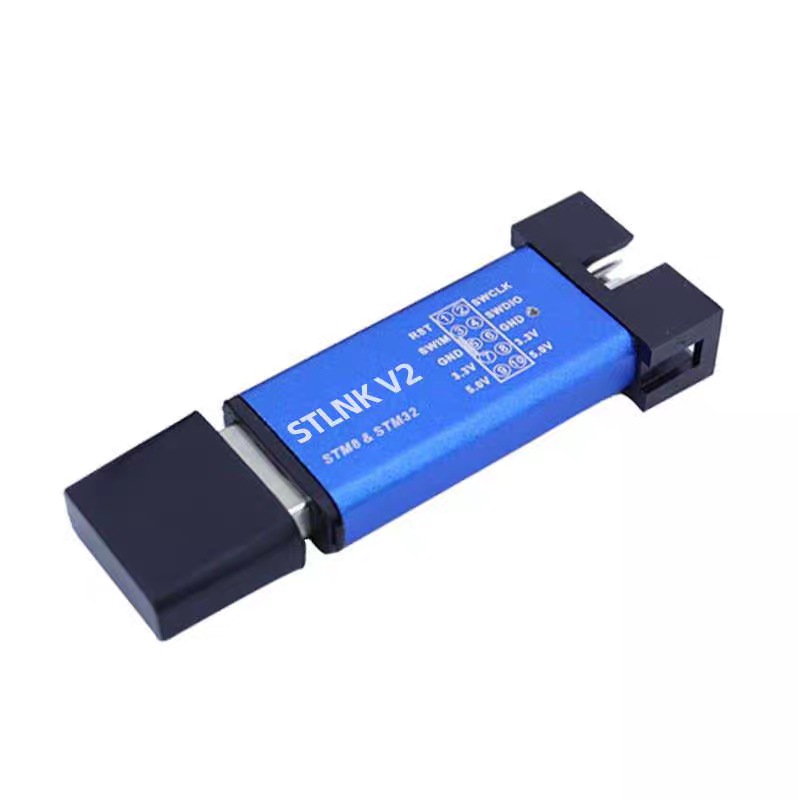 ShillehTek ST-LINK V2 programmer pinout showing RST, SWCLK, SWIM, SWDIO, GND, 3.3V, and 5.0V pins on the 2x5 header