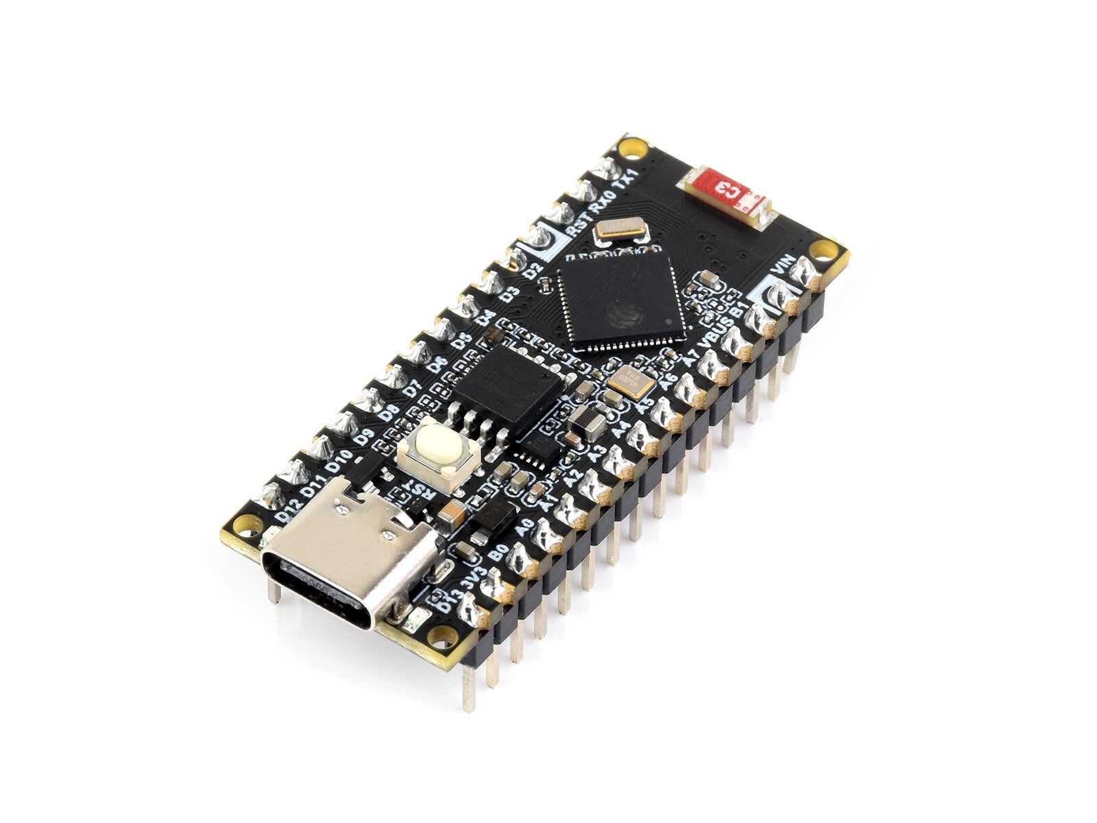 angled bottom view of Waveshare ESP32-S3 Nano Dev Board with header pins