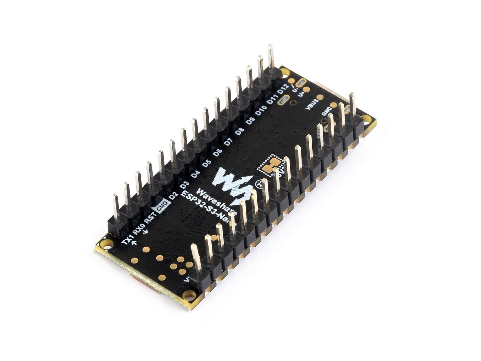 angled rear side of ESP32-S3 Nano Dev Board showing pin headers and logo
