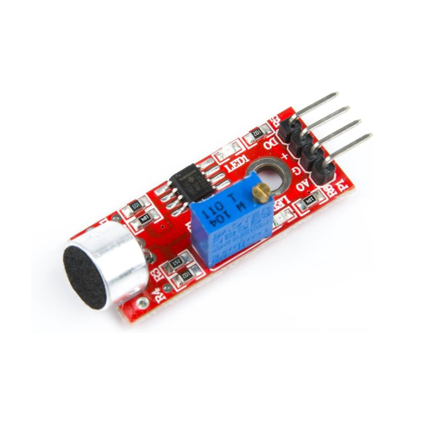 Close-up of ShillehTek KY-037 sound sensor module showing microphone and pins