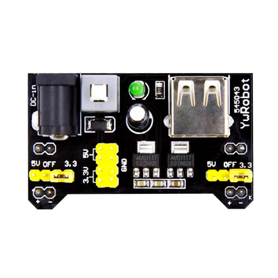 Top view of ShillehTek MB102 breadboard power supply with USB port and jumper pins