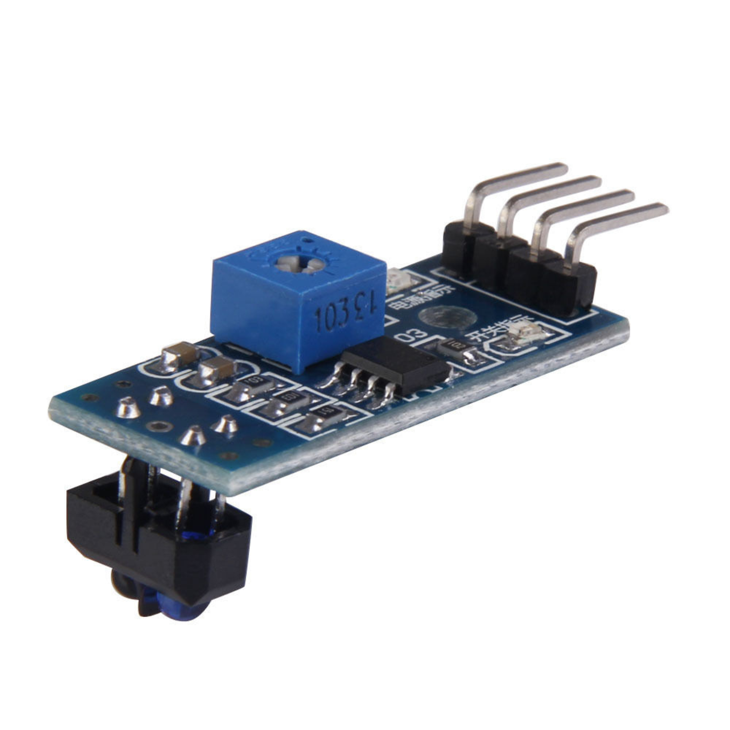 Blue rectangular module with blue potentiometer and black sensor ShillehTek TCRT5000 IR sensor