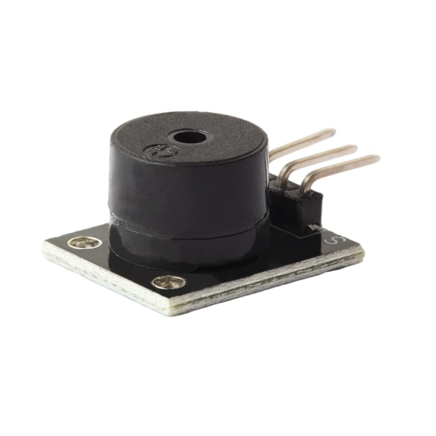 ShillehTek KY-006 buzzer on black board showing side pins and mounting holes