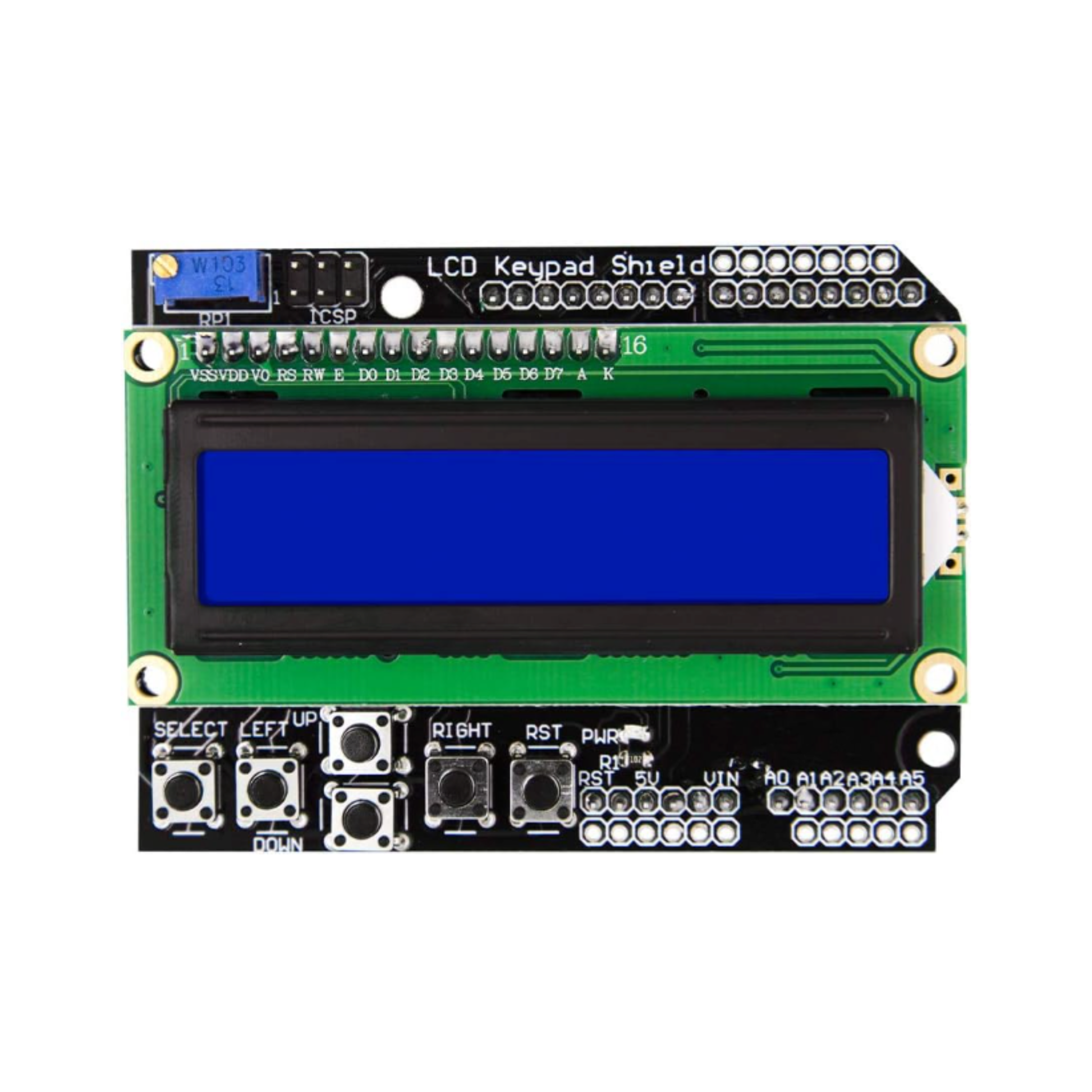 Front view of LCD1602 16x2 Keypad Shield showing buttons and blue display