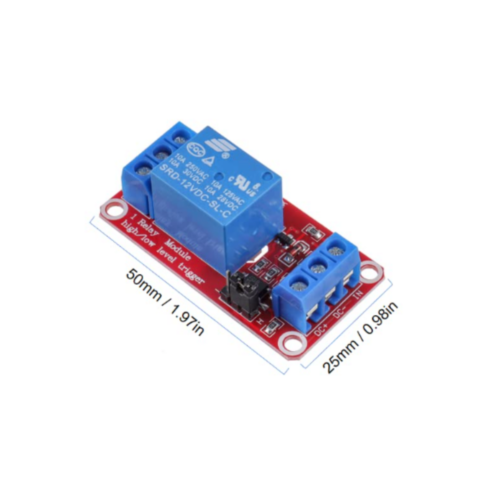 ShillehTek 1-Channel 12V Relay Module with dimensions 50mm by 25mm