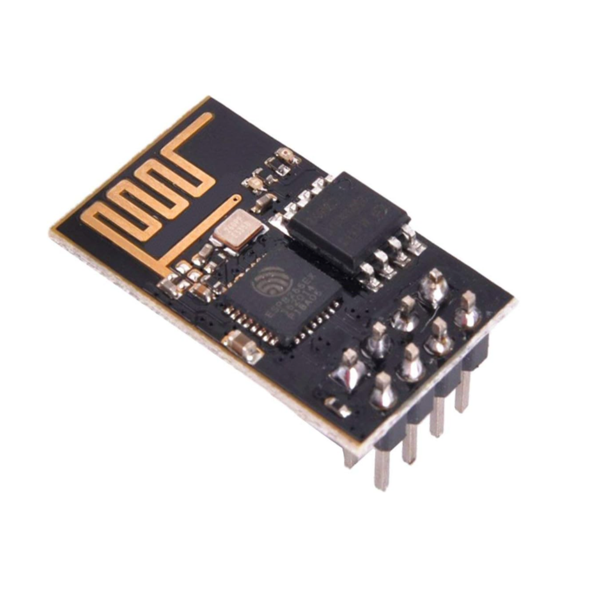 Close-up of ShillehTek ESP8266 ESP-01 Serial WiFi Module with gold antenna pattern