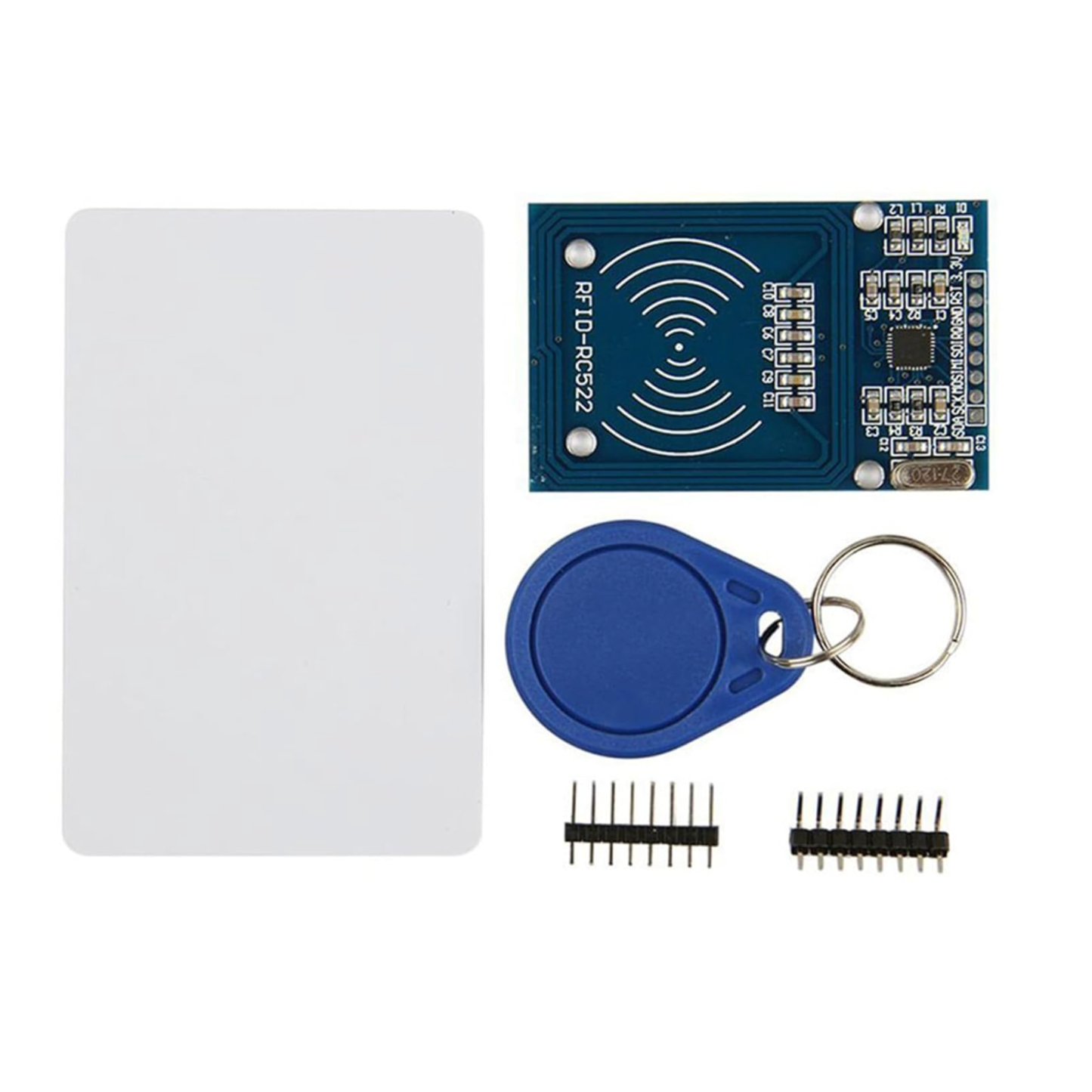 ShillehTek RC522 RFID Reader Writer Module with blue key fob and white card