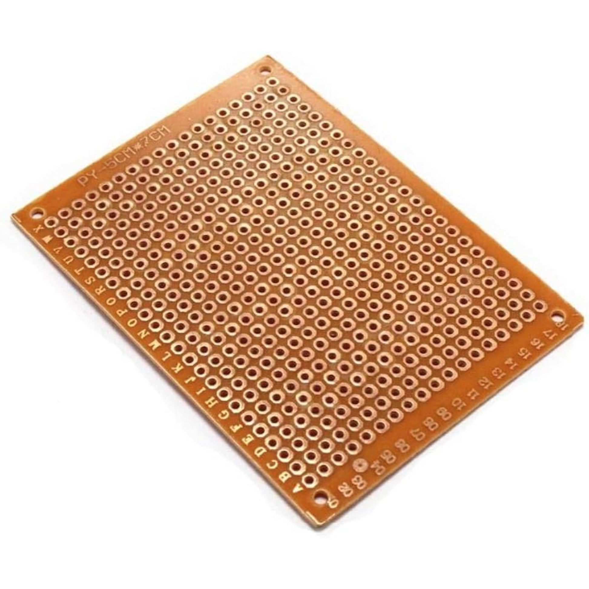 Single 5x7cm copper prototype PCB board angled with labeled hole grid for electronics