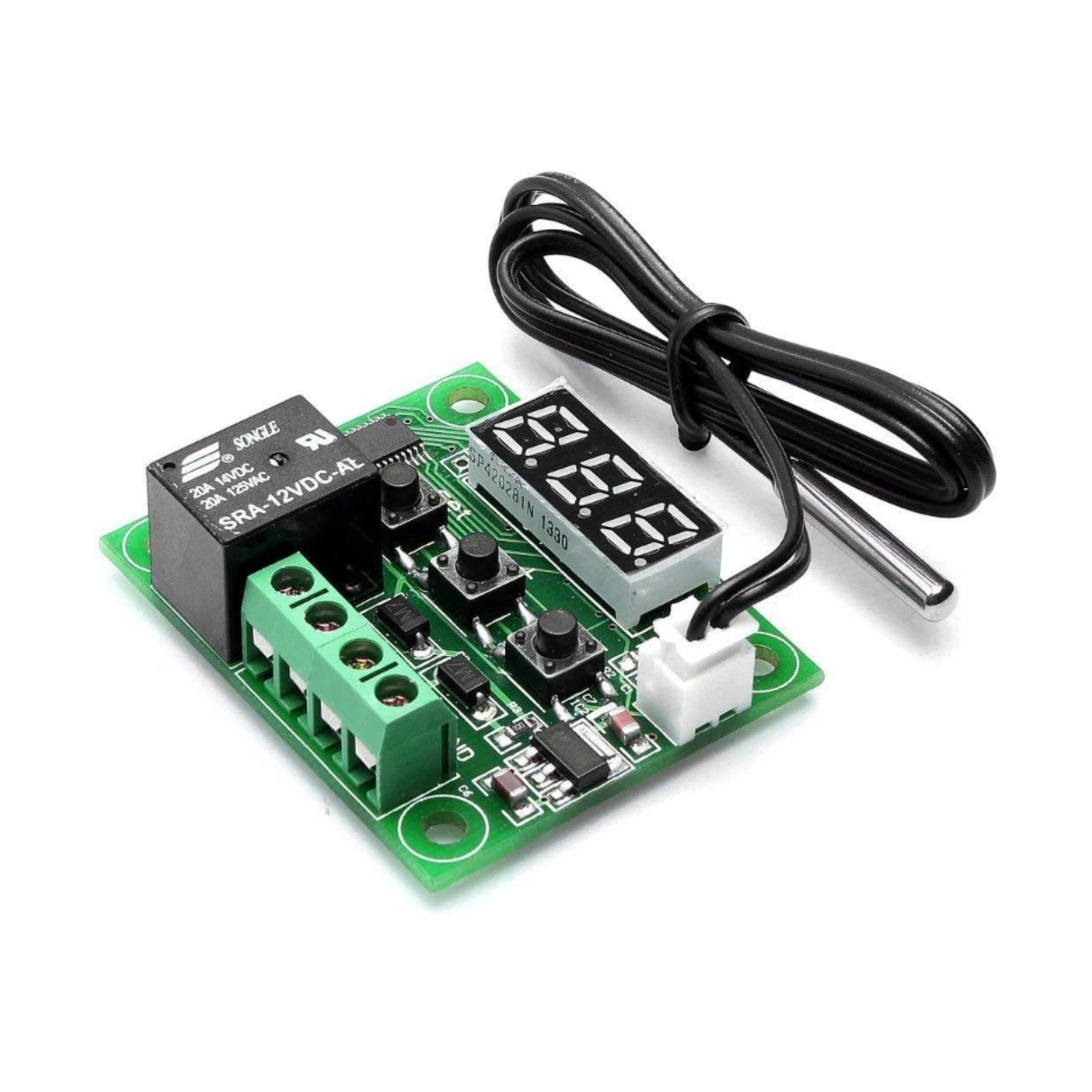 ShillehTek W1209 thermostat switch module showing digital display and relay components