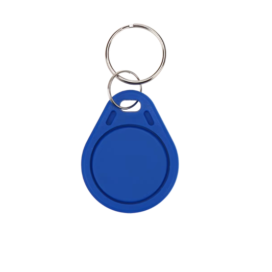 Blue ShillehTek 125kHz RFID key fob tag with metal key rings attached