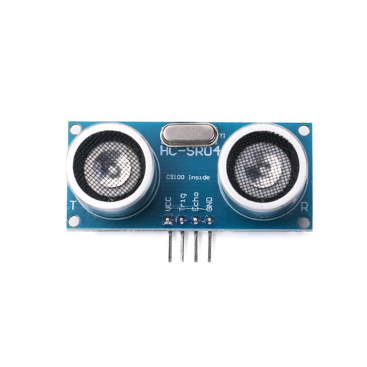 Front view of ShillehTek HC-SR04 Ultrasonic Distance Sensor Module with two circular transducers