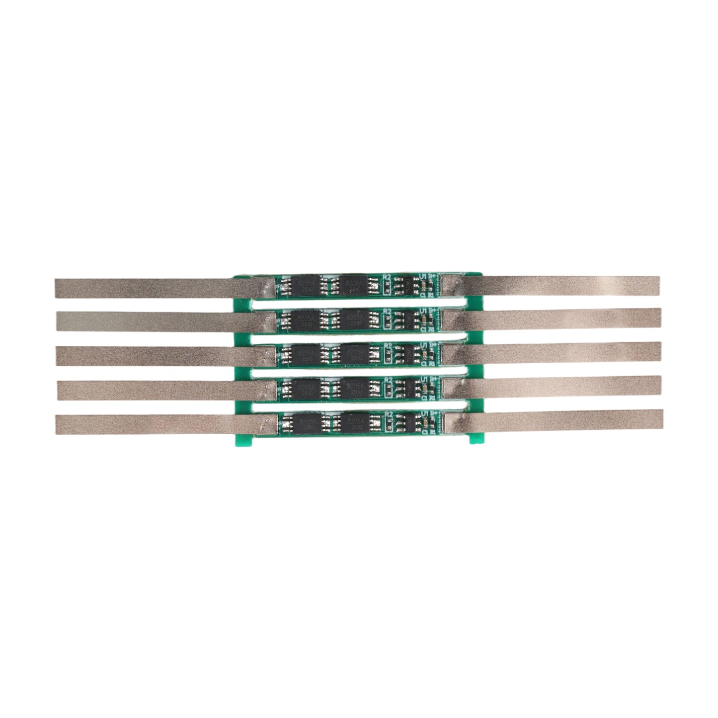 Five 1S 3.7V 3A 2MOS BMS lithium-ion 18650 battery protection circuit boards with metal tabs