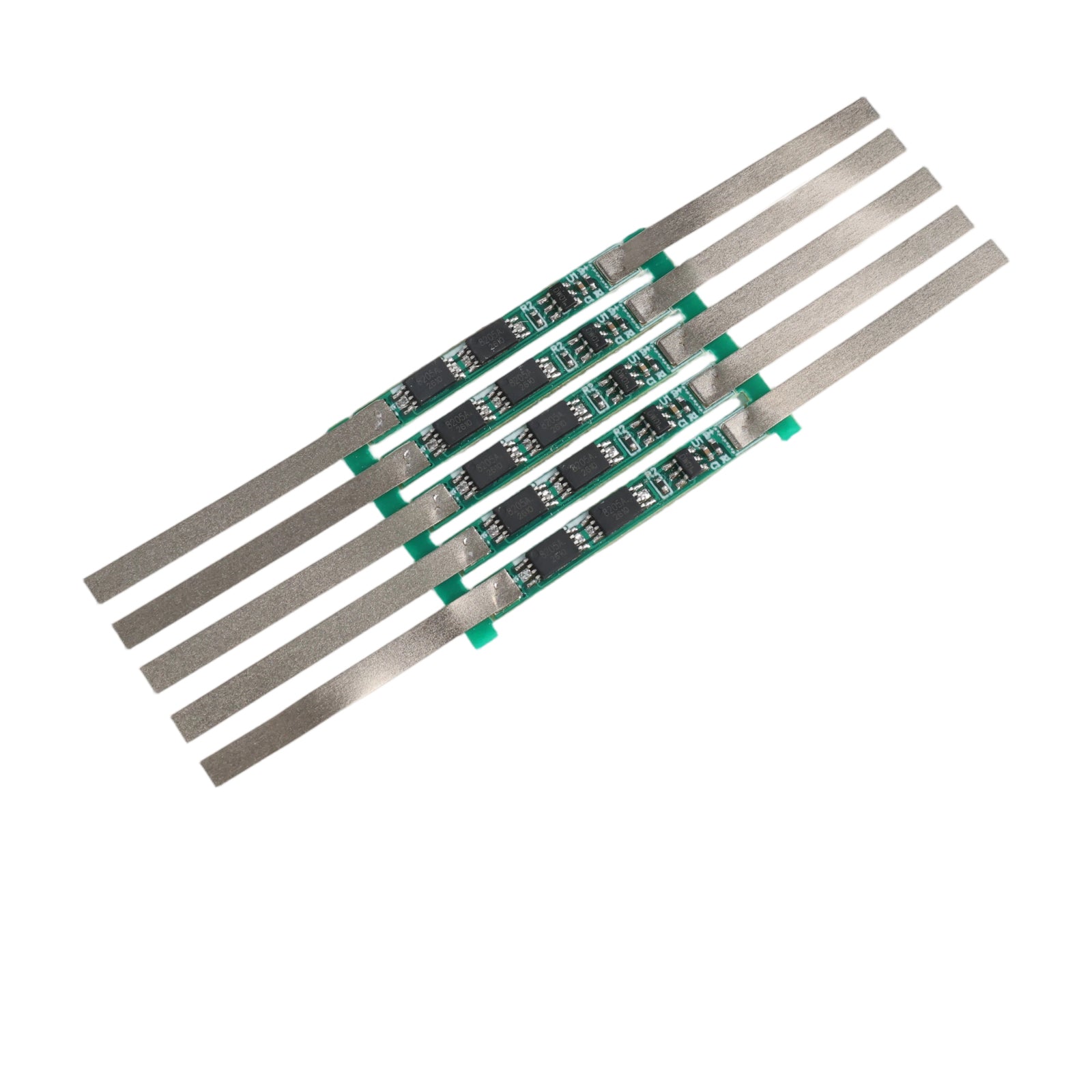 Set of four 1S 3.7V 3A 2MOS BMS lithium-ion battery protection board strips with metal contacts