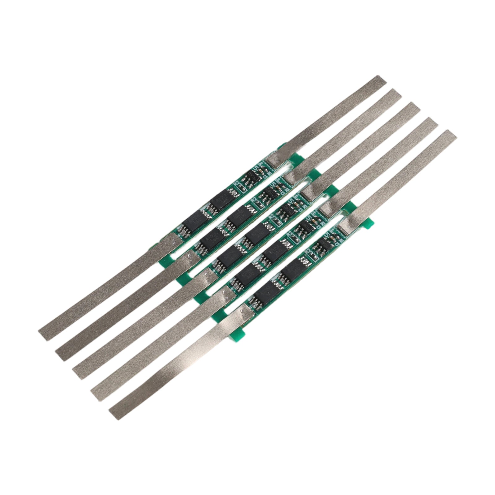 Close-up of 1S 3.7V 3A 2MOS BMS Li-ion 18650 battery protection board strips with electronic components