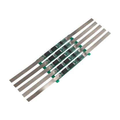 Close-up of 1S 3.7V 3A 2MOS BMS Li-ion 18650 battery protection board strips with electronic components