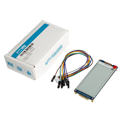2.9 inch e-paper display module with 296x128 resolution, wiring cables, and Waveshare branded box