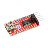 Angled view of ShillehTek FT232RL Mini USB to TTL Serial Converter with USB and pin headers