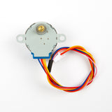 28BYJ-48 5V 4-phase stepper motor showing back side with colorful wires and connector for Arduino and ESP32 projects