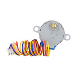 Back view of 28BYJ-48 5V 4-phase stepper motor showing mounting holes and colorful coiled wires with connector