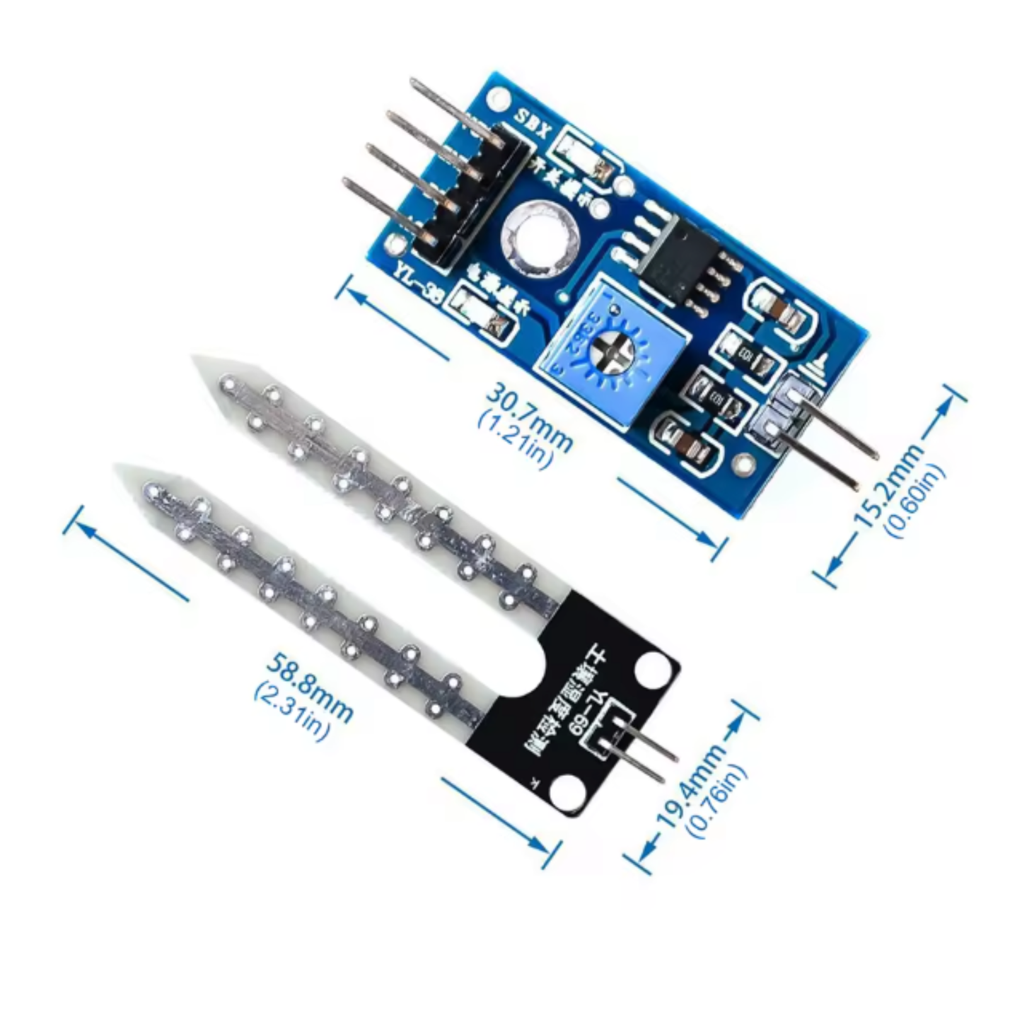 ShillehTek soil moisture sensor module and probe with detailed dimensions