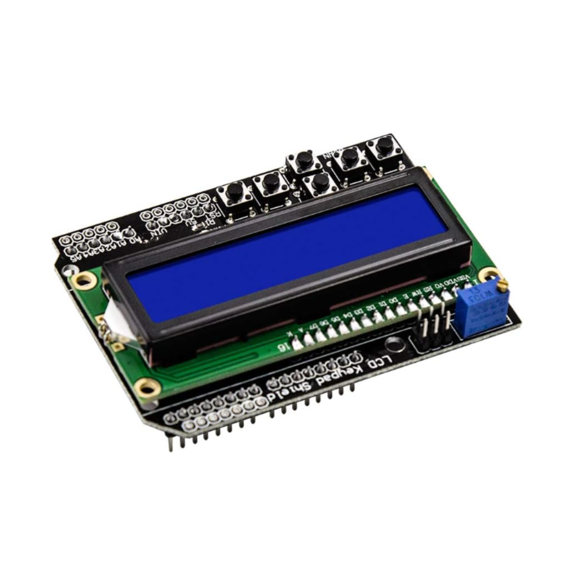 Angled top view of LCD1602 16x2 Keypad Shield with black board and blue screen