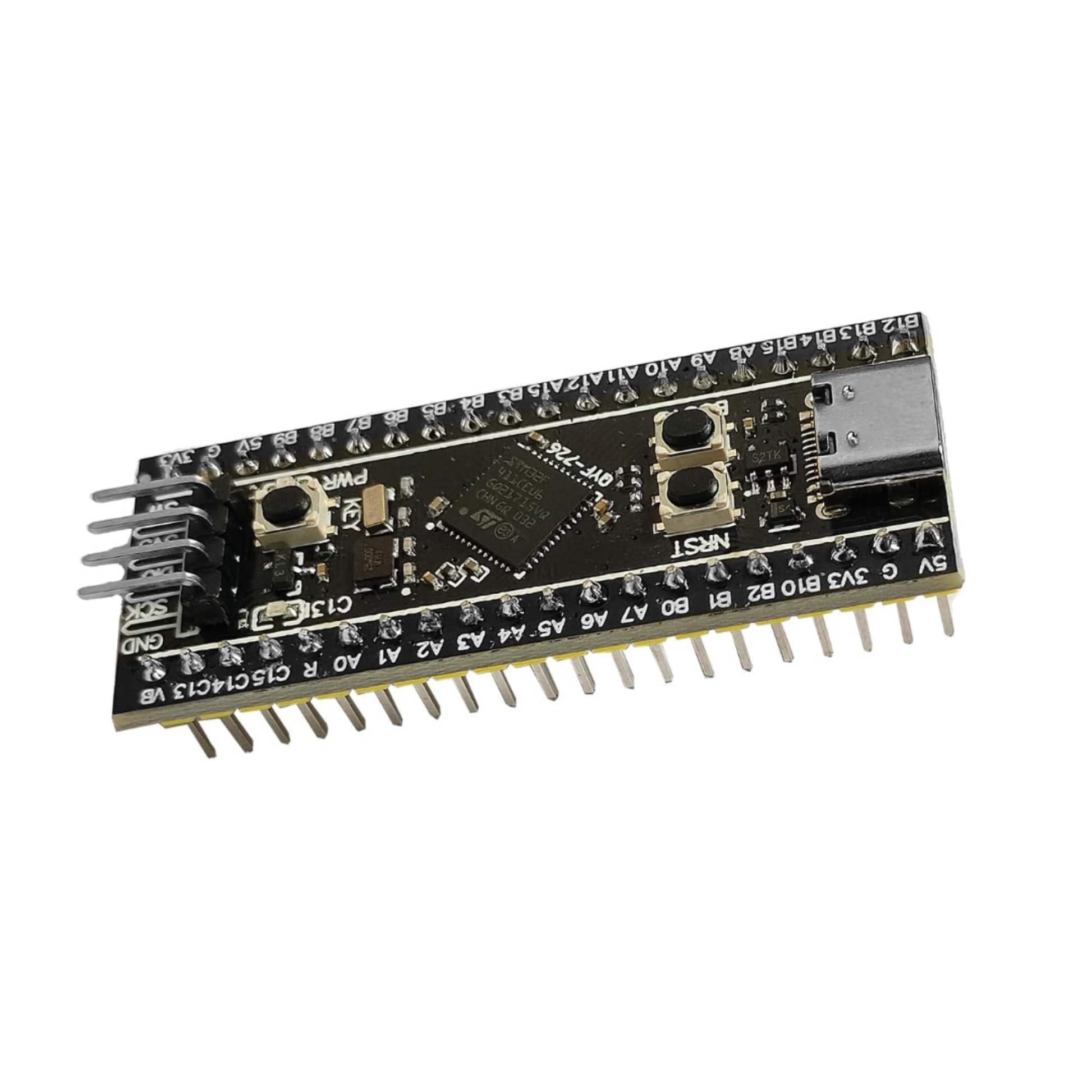Close angled view of ShillehTek STM32F411CEU6 Black Pill ARM Board with USB-C port