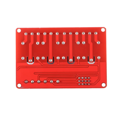 Underside of red PCB with solder joints for ShillehTek 4-Channel 12V Relay Module