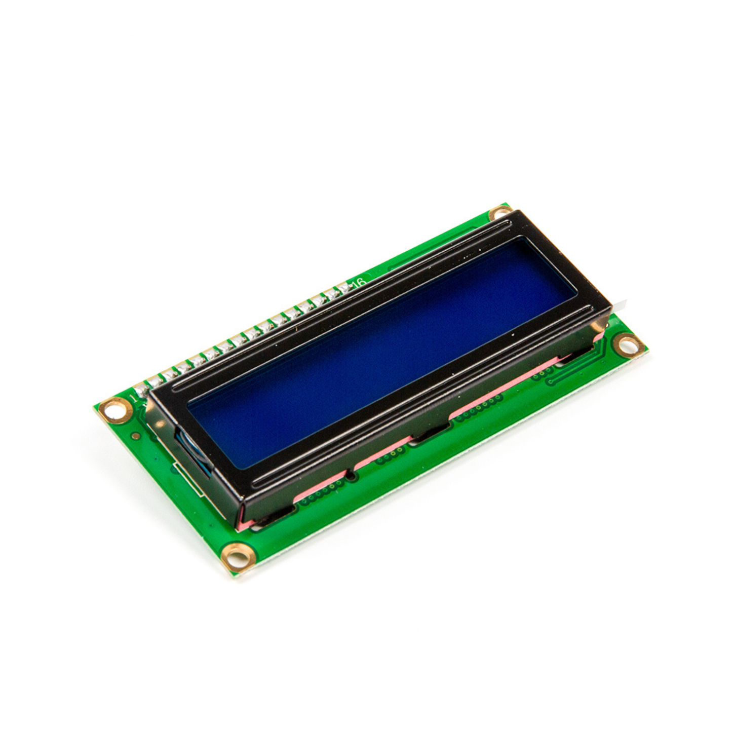 ShillehTek LCD1602 16x2 LCD display module angled view showing pin header