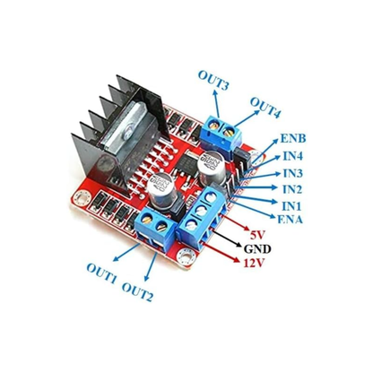 Labeled connection points on ShillehTek L298N Motor Driver Board with heat sink