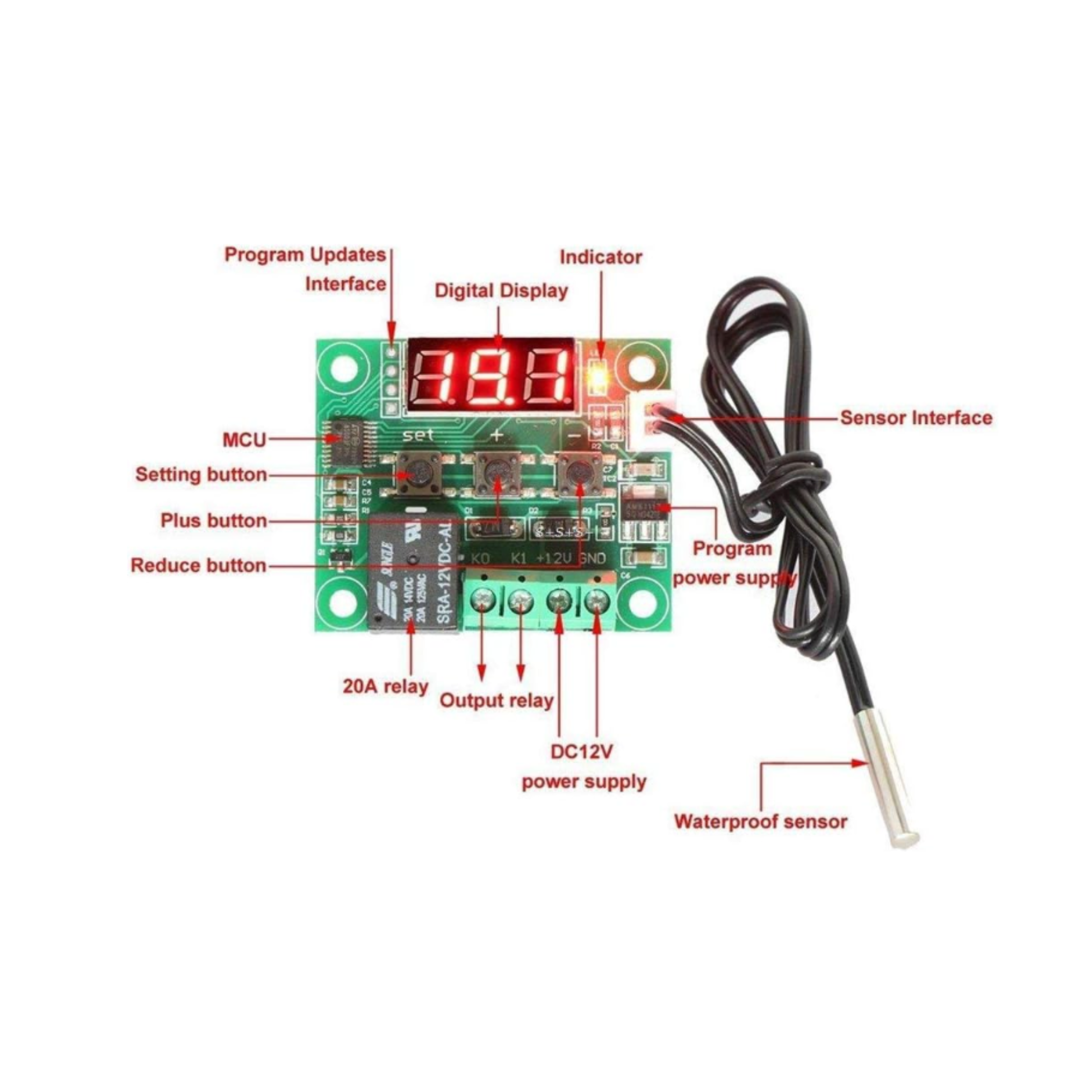 Labeled diagram of ShillehTek W1209 digital controller parts and sensor interface